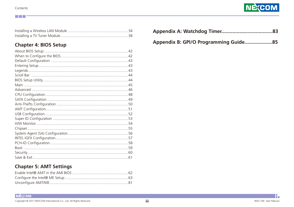 Chapter 4: bios setup, Chapter 5: amt settings | NEXCOM NDiS 166 User Manual | Page 3 / 98