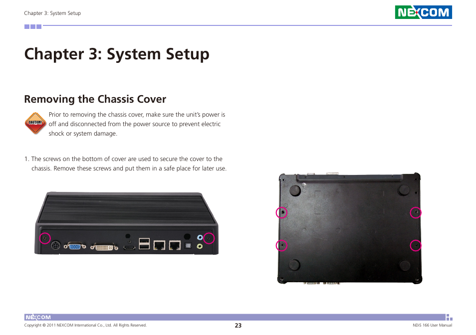 Chapter 3: system setup, Removing the chassis cover | NEXCOM NDiS 166 User Manual | Page 36 / 98