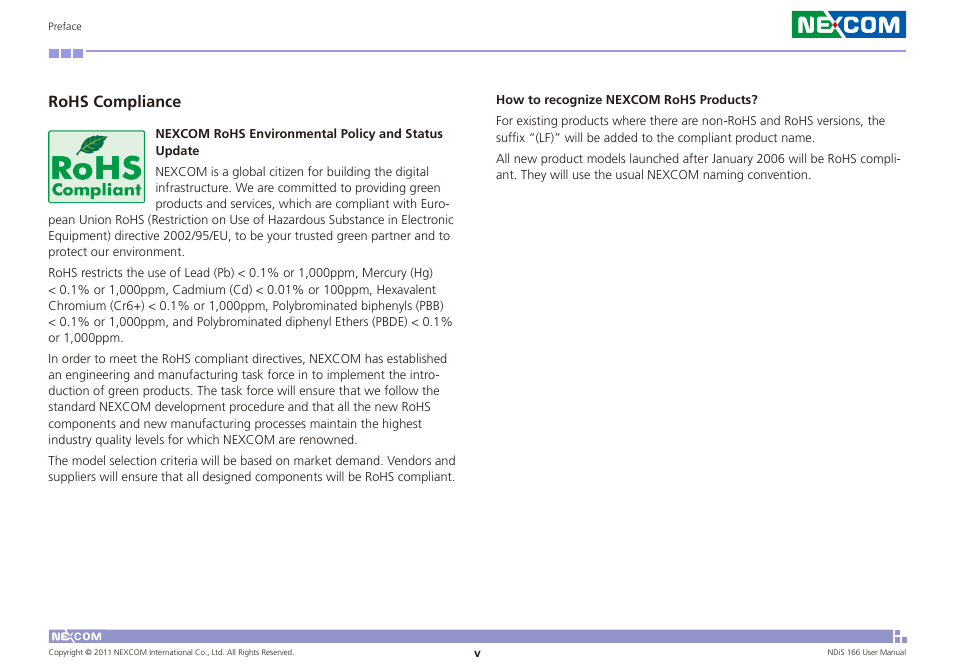 Rohs compliance | NEXCOM NDiS 166 User Manual | Page 5 / 98