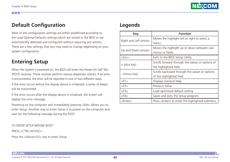 Default configuration entering setup legends, Default configuration, Entering setup | Legends | NEXCOM NDiS 166 User Manual | Page 56 / 98