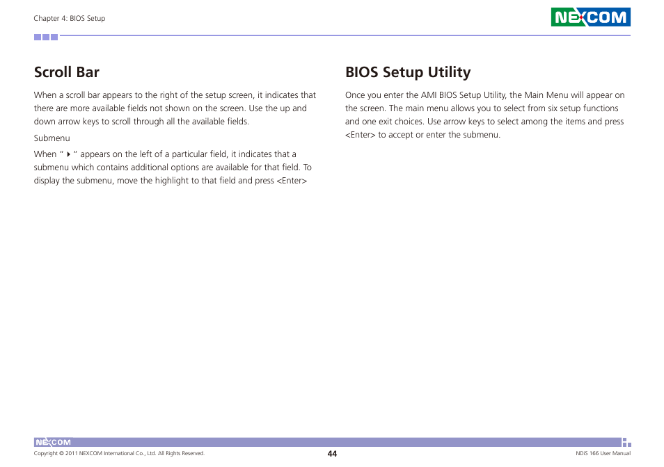 Scroll bar bios setup utility, Scroll bar, Bios setup utility | NEXCOM NDiS 166 User Manual | Page 57 / 98