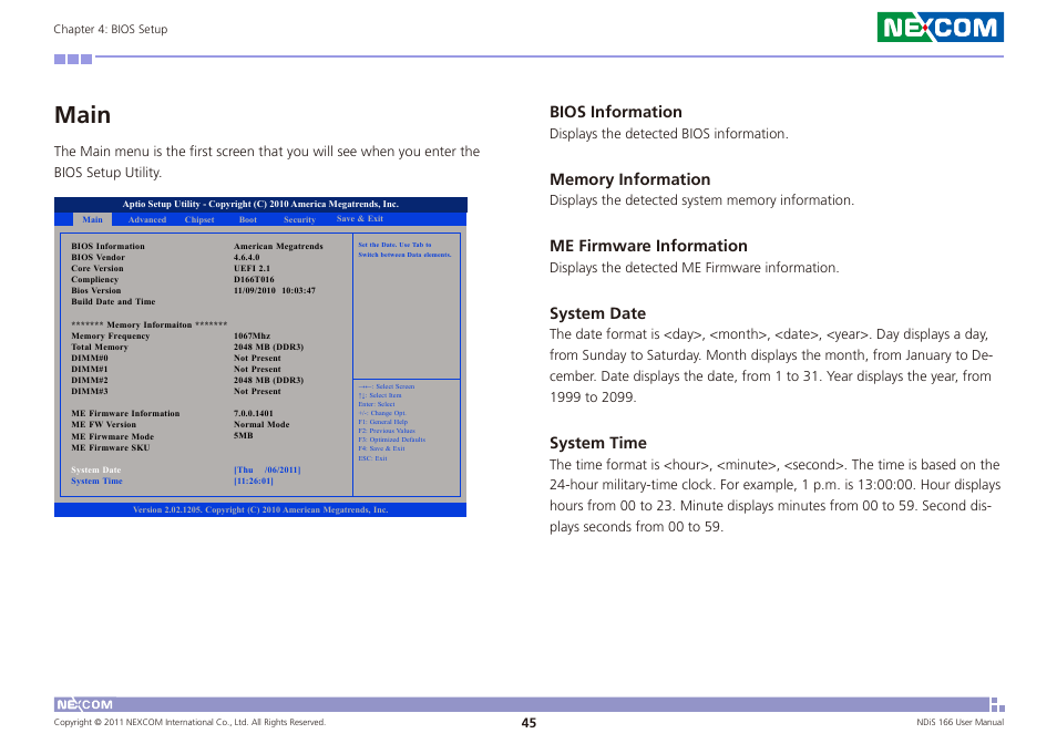 Main, Bios information, Me firmware information | System date, System time | NEXCOM NDiS 166 User Manual | Page 58 / 98