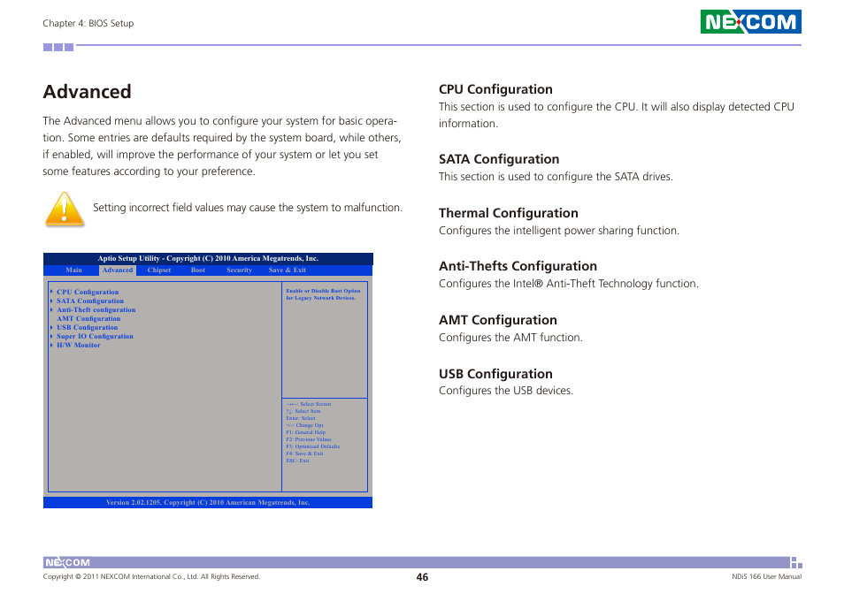 Advanced, Cpu configuration, Sata configuration | Thermal configuration, Anti-thefts configuration, Amt configuration, Usb configuration | NEXCOM NDiS 166 User Manual | Page 59 / 98
