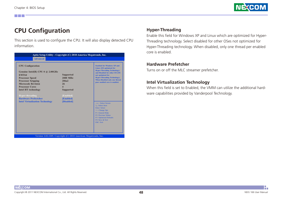 Cpu configuration, Hyper-threading, Hardware prefetcher | Intel virtualization technology | NEXCOM NDiS 166 User Manual | Page 61 / 98