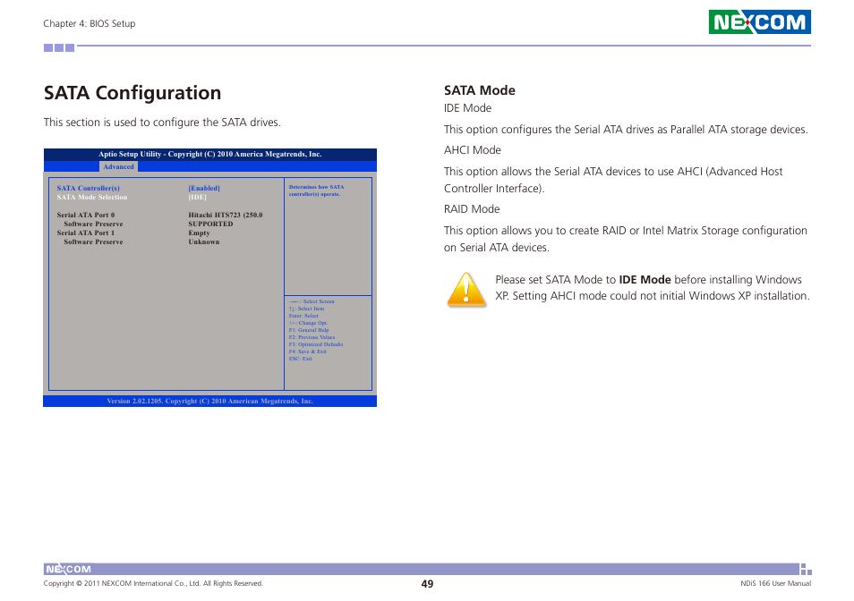 Sata configuration, Sata mode | NEXCOM NDiS 166 User Manual | Page 62 / 98
