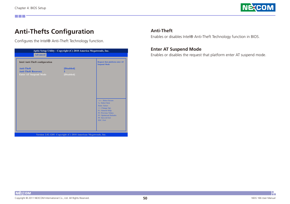 Anti-thefts configuration, Anti-theft, Enter at suspend mode | NEXCOM NDiS 166 User Manual | Page 63 / 98