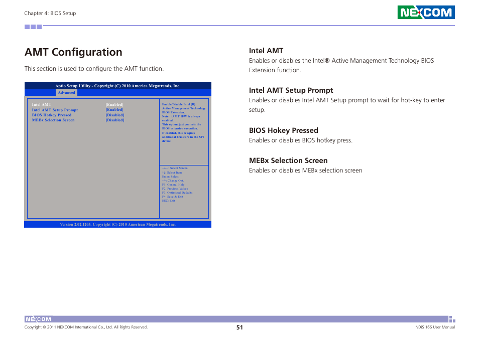 Amt configuration, Intel amt, Intel amt setup prompt | Bios hokey pressed, Mebx selection screen | NEXCOM NDiS 166 User Manual | Page 64 / 98
