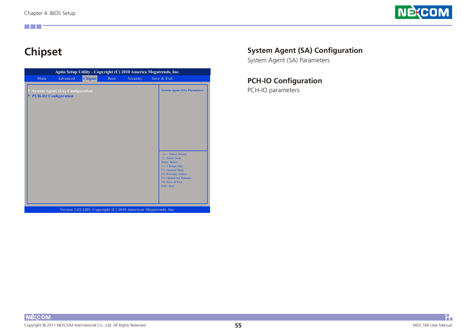 Chipset, System agent (sa) configuration, Pch-io configuration | NEXCOM NDiS 166 User Manual | Page 68 / 98