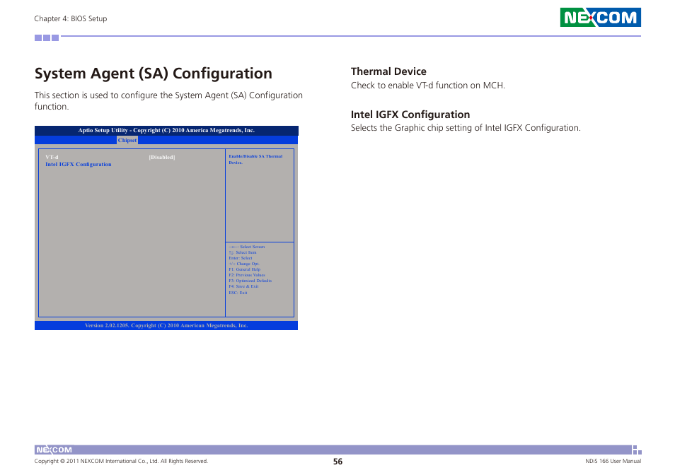 System agent (sa) configuration, Thermal device, Intel igfx configuration | NEXCOM NDiS 166 User Manual | Page 69 / 98