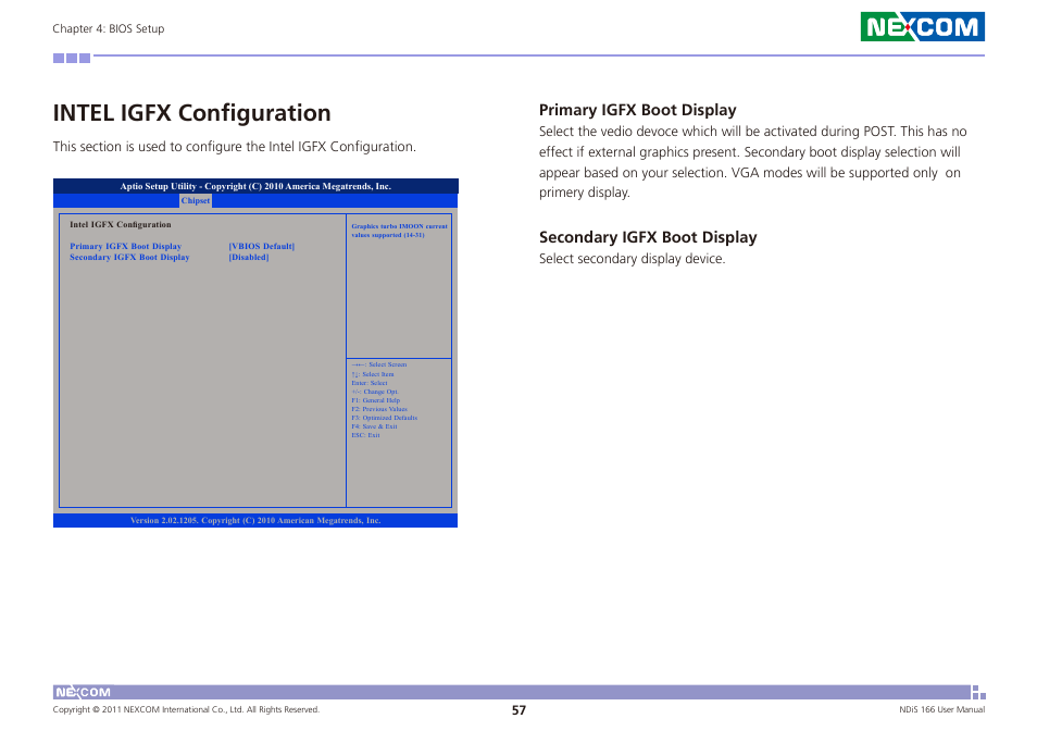 Intel igfx configuration, Primary igfx boot display, Secondary igfx boot display | NEXCOM NDiS 166 User Manual | Page 70 / 98