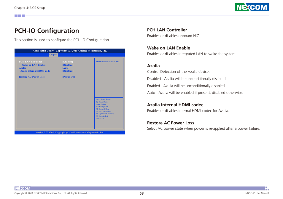 Pch-io configuration, Pch lan controller, Wake on lan enable | Azalia, Azalia internal hdmi codec, Restore ac power loss | NEXCOM NDiS 166 User Manual | Page 71 / 98