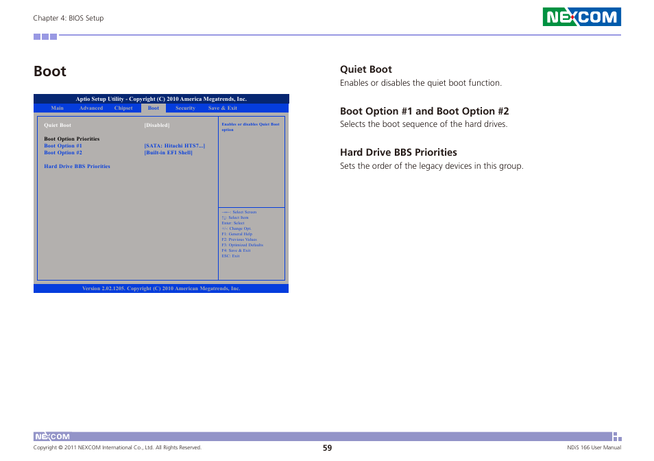 Boot, Quiet boot, Boot option #1 and boot option #2 | Hard drive bbs priorities | NEXCOM NDiS 166 User Manual | Page 72 / 98