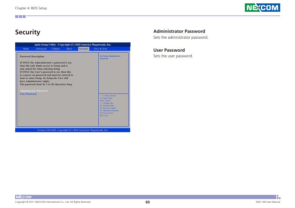 Security, Administrator password, User password | NEXCOM NDiS 166 User Manual | Page 73 / 98
