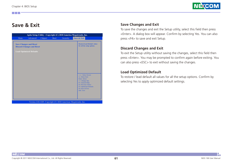 Save & exit, Save changes and exit, Discard changes and exit | Load optimized default | NEXCOM NDiS 166 User Manual | Page 74 / 98