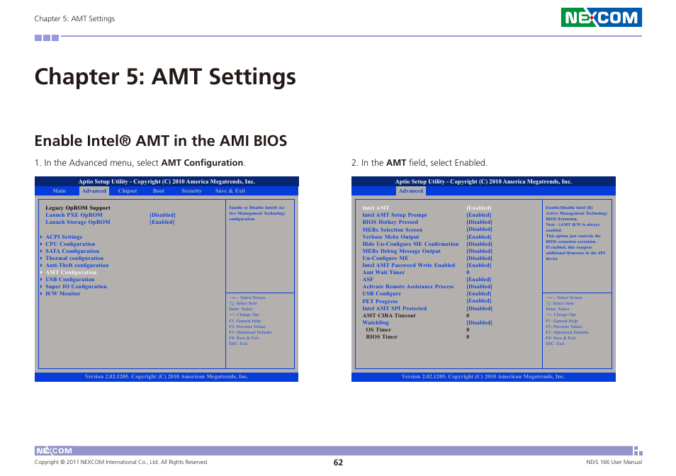 Chapter 5: amt settings, Enable intel® amt in the ami bios | NEXCOM NDiS 166 User Manual | Page 75 / 98