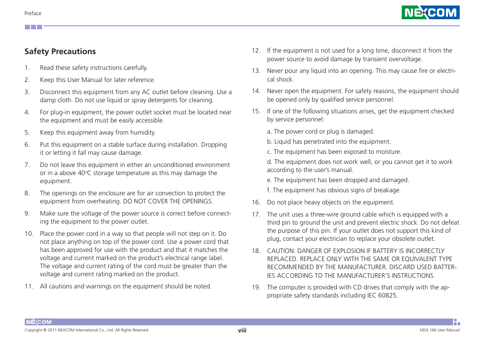 Safety precautions | NEXCOM NDiS 166 User Manual | Page 8 / 98