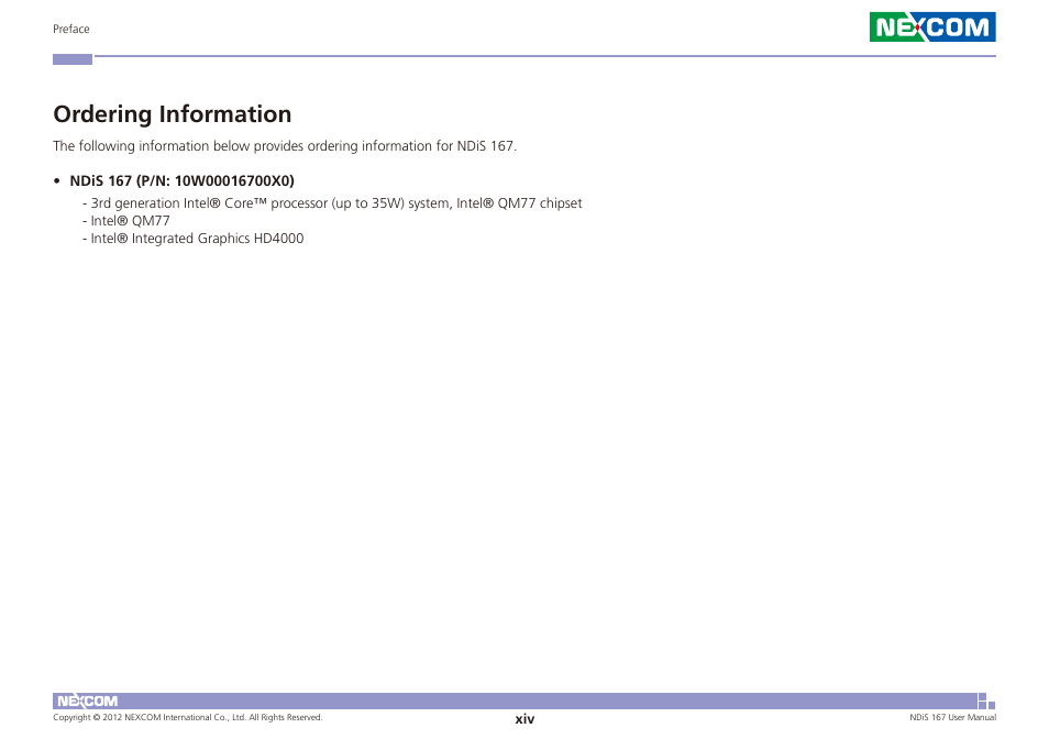 Ordering information | NEXCOM NDiS 167 User Manual | Page 14 / 75