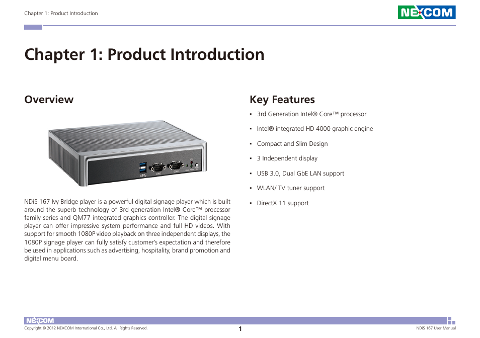 Chapter 1: product introduction, Overview key features, Key features | Overview | NEXCOM NDiS 167 User Manual | Page 15 / 75