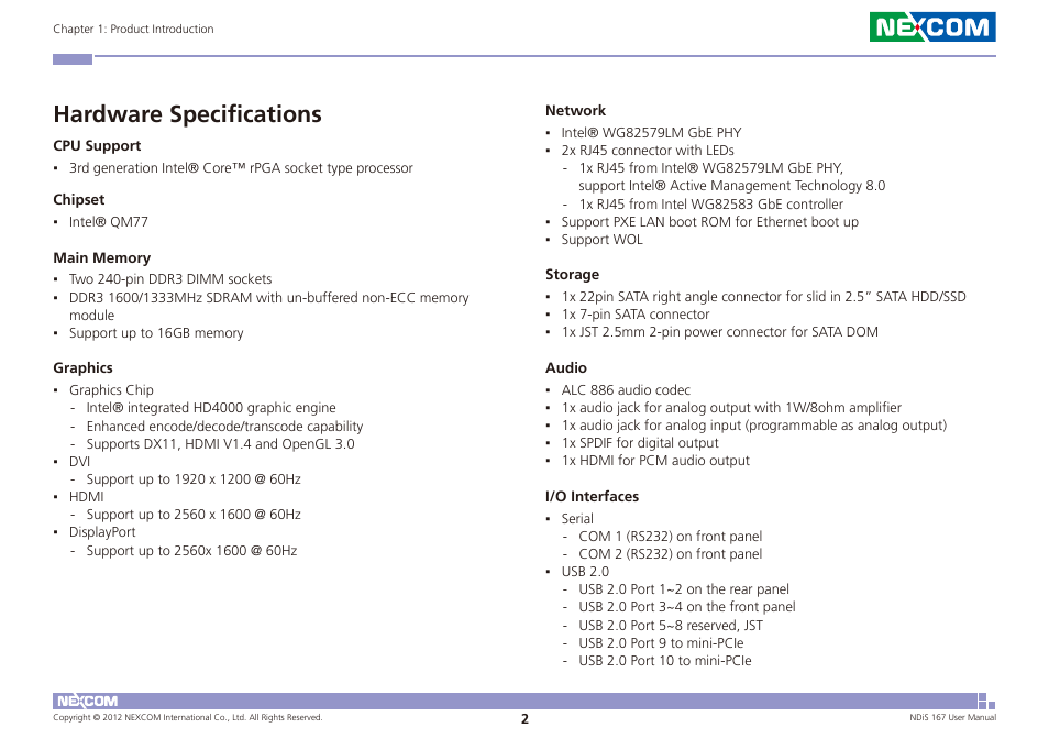 Hardware specifications | NEXCOM NDiS 167 User Manual | Page 16 / 75