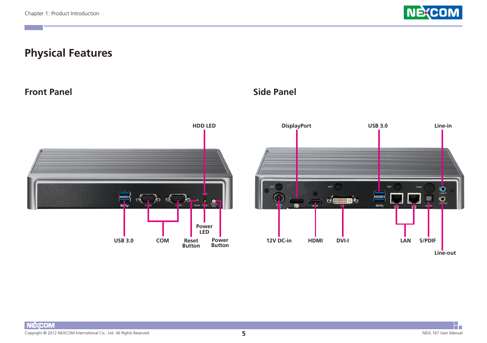 Physical features, Front panel side panel | NEXCOM NDiS 167 User Manual | Page 19 / 75