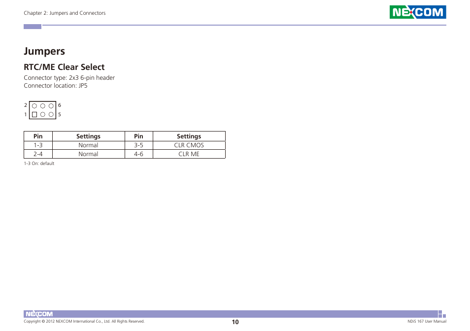 Jumpers, Rtc/me clear select | NEXCOM NDiS 167 User Manual | Page 24 / 75