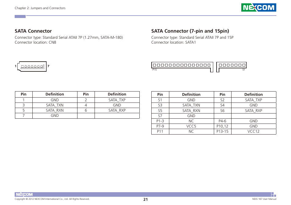 Sata connector sata connector (7-pin and 15pin), Sata connector, Sata connector (7-pin and 15pin) | NEXCOM NDiS 167 User Manual | Page 35 / 75