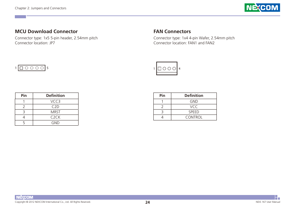 Mcu download connector fan connectors, Mcu download connector, Fan connectors | NEXCOM NDiS 167 User Manual | Page 38 / 75