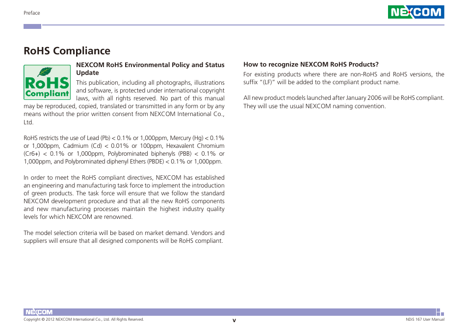 Rohs compliance | NEXCOM NDiS 167 User Manual | Page 5 / 75