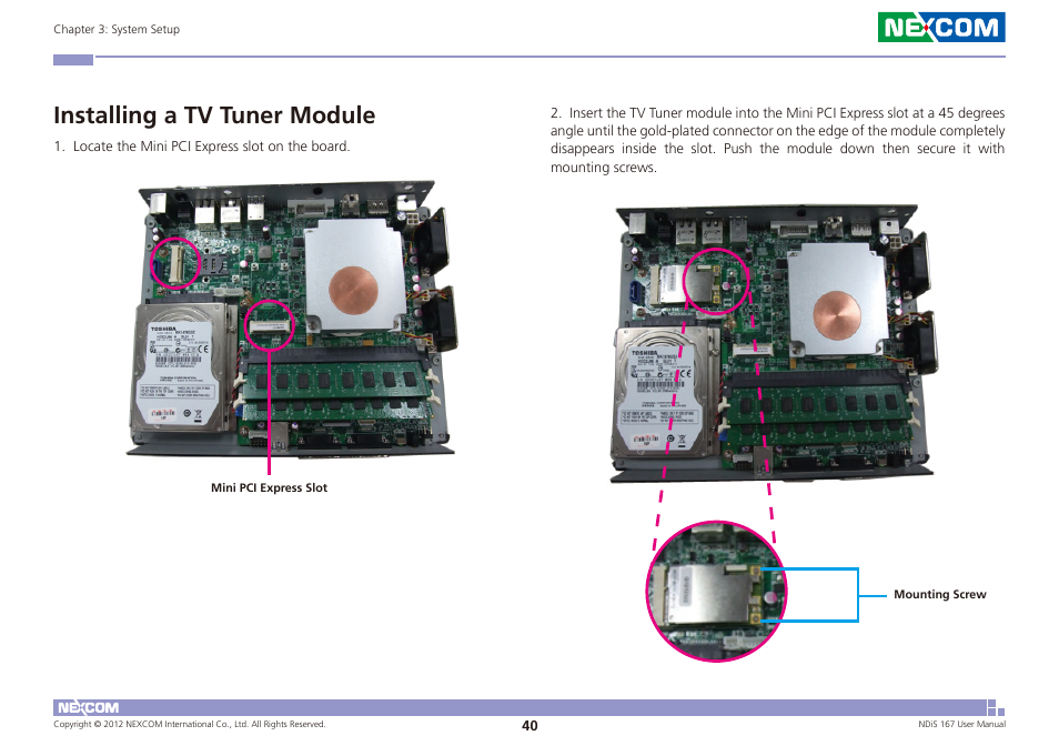 Installing a tv tuner module | NEXCOM NDiS 167 User Manual | Page 54 / 75