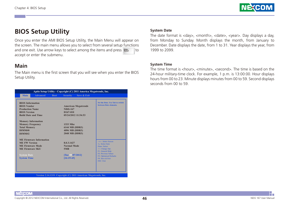 Bios setup utility, Main | NEXCOM NDiS 167 User Manual | Page 60 / 75