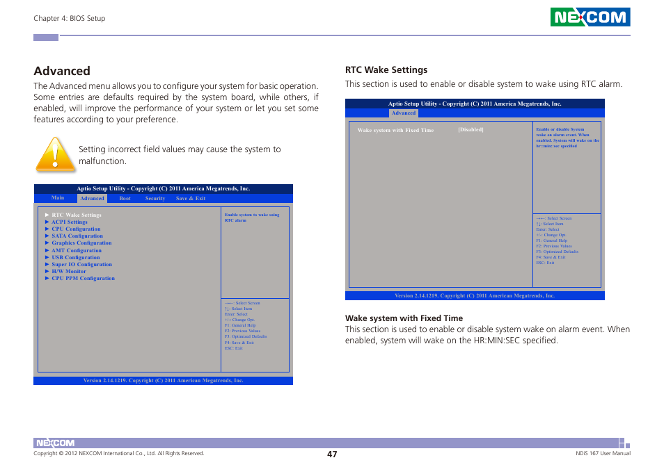 Advanced, Rtc wake settings | NEXCOM NDiS 167 User Manual | Page 61 / 75