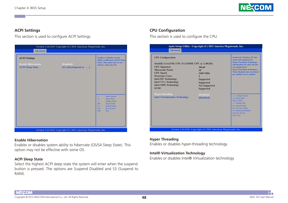 Acpi settings, Cpu configuration | NEXCOM NDiS 167 User Manual | Page 62 / 75