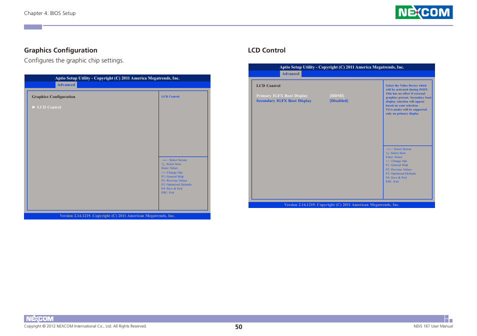 Graphics configuration, Lcd control, Configures the graphic chip settings | NEXCOM NDiS 167 User Manual | Page 64 / 75