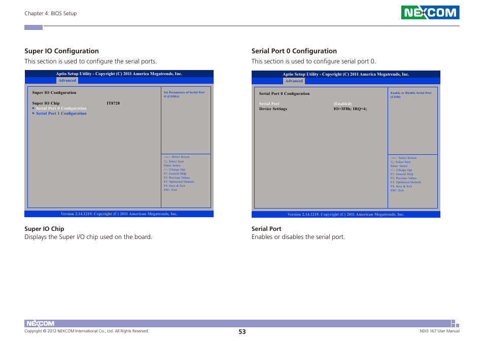 Super io configuration, Serial port 0 configuration | NEXCOM NDiS 167 User Manual | Page 67 / 75