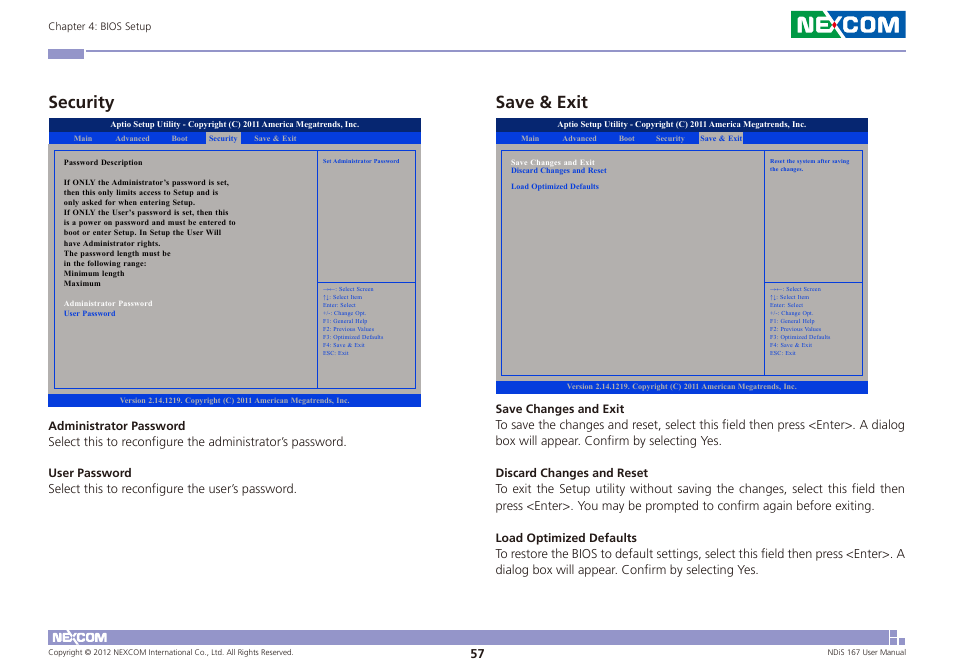 Security save & exit, Security, Save & exit | NEXCOM NDiS 167 User Manual | Page 71 / 75