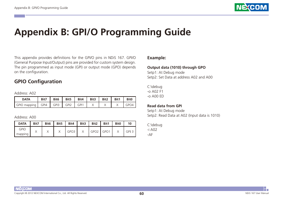 Appendix b: gpi/o programming guide, Gpio configuration | NEXCOM NDiS 167 User Manual | Page 74 / 75