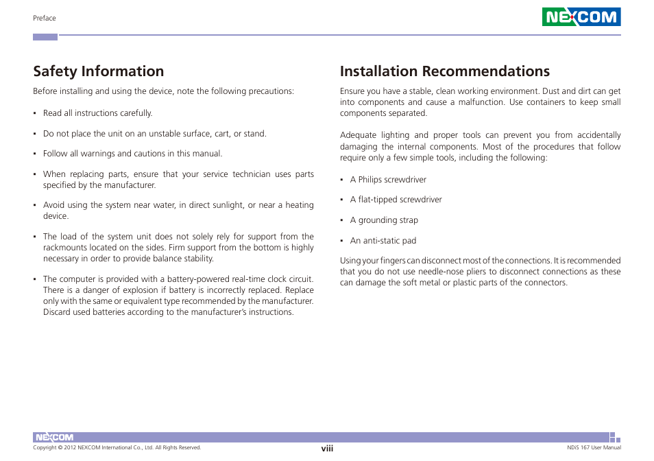 Installation recommendations, Safety information | NEXCOM NDiS 167 User Manual | Page 8 / 75