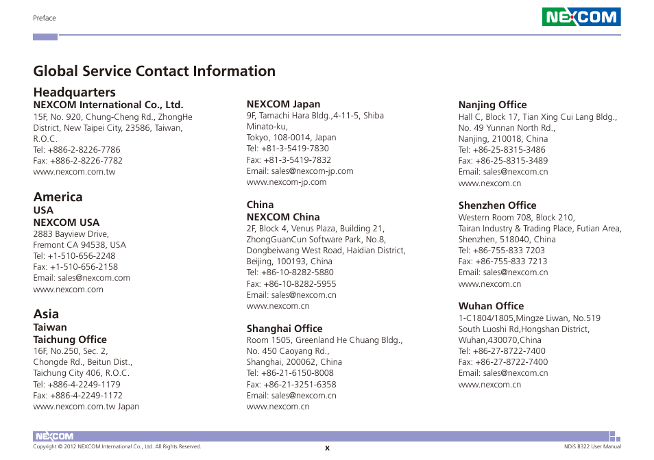 Global service contact information, Headquarters, America | Asia | NEXCOM NDiS B322 User Manual | Page 10 / 44