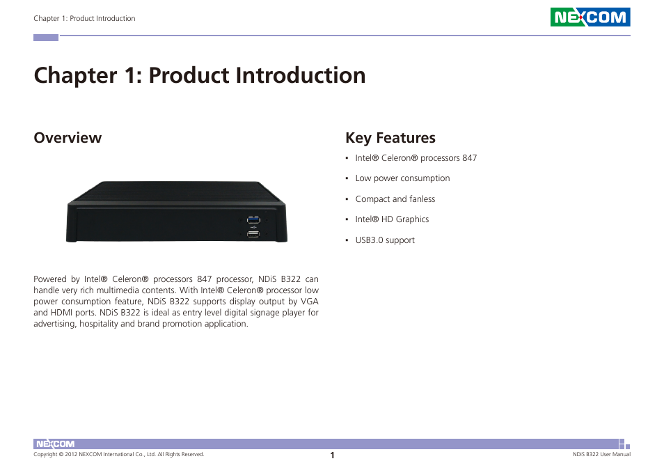 Chapter 1: product introduction, Overview key features, Key features | Overview | NEXCOM NDiS B322 User Manual | Page 14 / 44