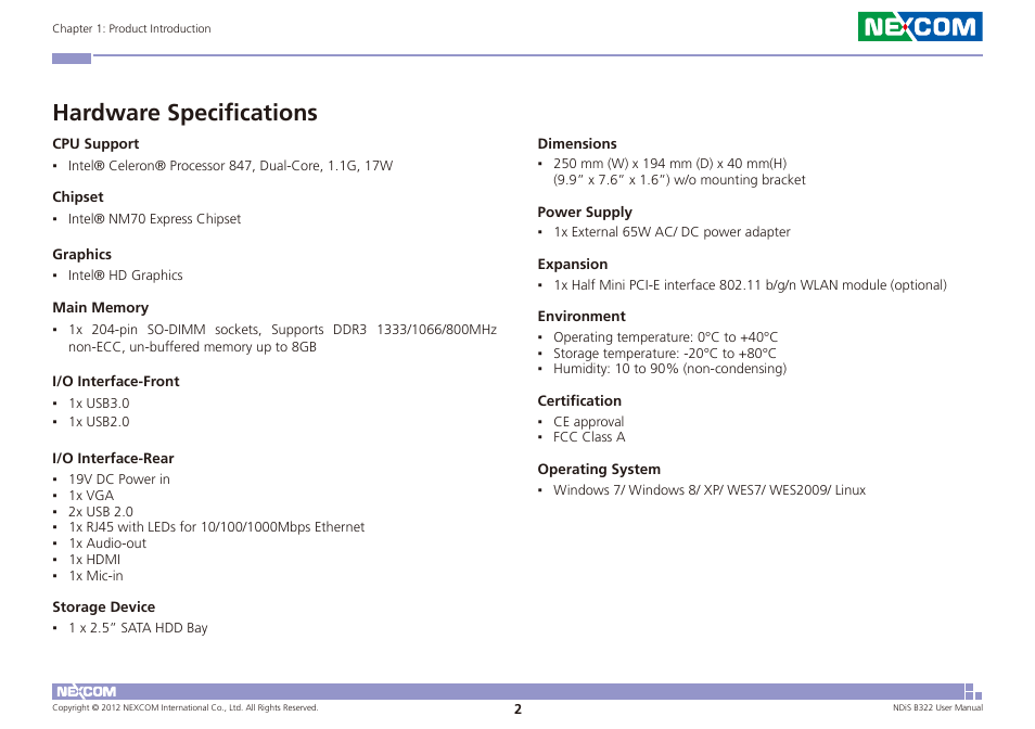 Hardware specifications | NEXCOM NDiS B322 User Manual | Page 15 / 44