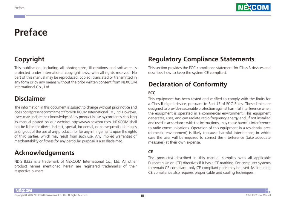 Preface, Copyright, Disclaimer | Acknowledgements, Regulatory compliance statements, Declaration of conformity | NEXCOM NDiS B322 User Manual | Page 3 / 44