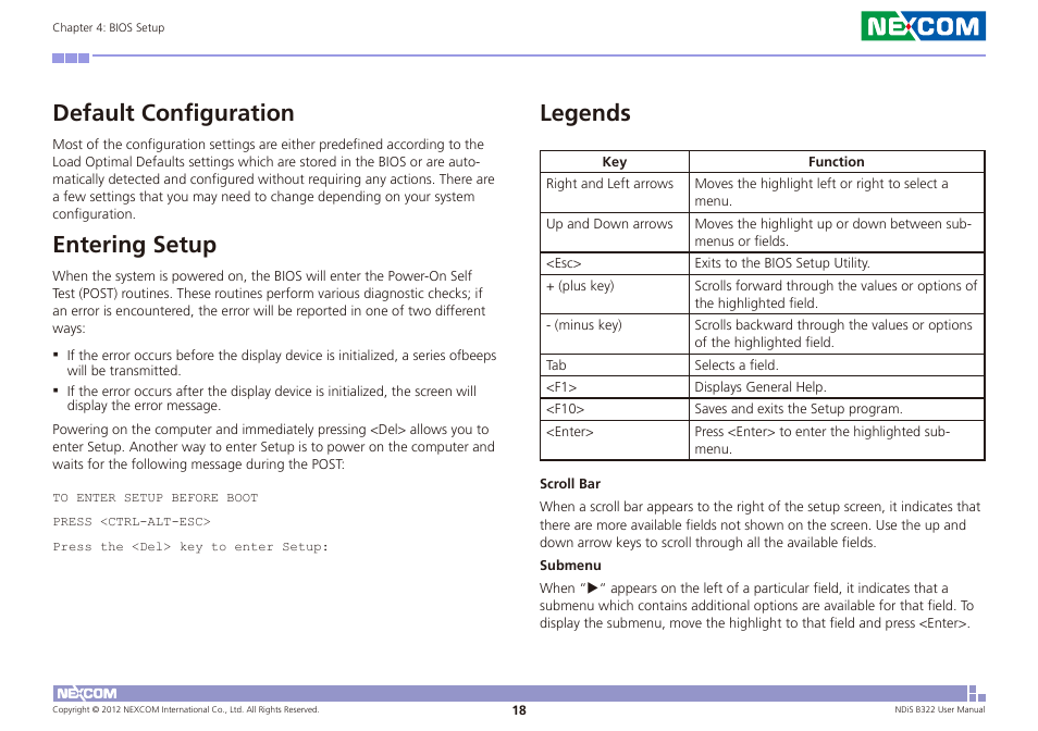 Default configuration entering setup legends, Default configuration, Entering setup | Legends | NEXCOM NDiS B322 User Manual | Page 31 / 44