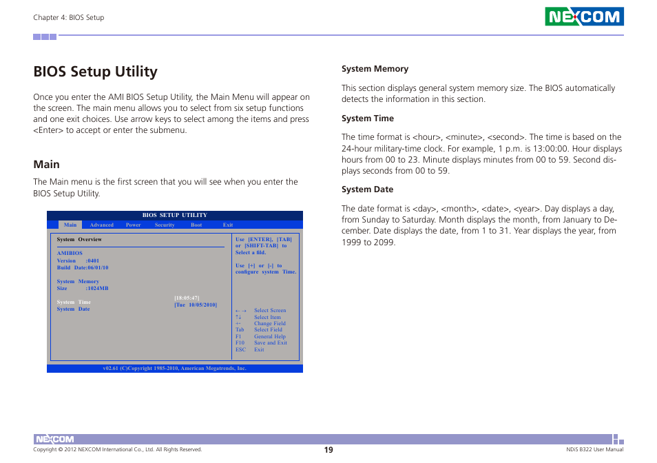 Bios setup utility, Main | NEXCOM NDiS B322 User Manual | Page 32 / 44