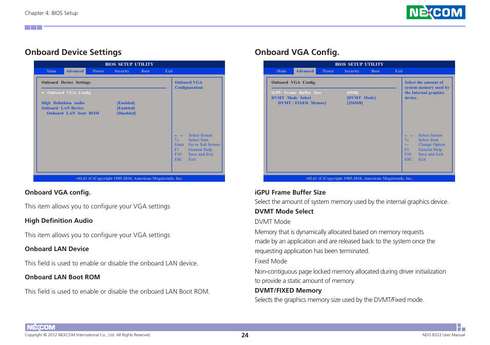 Onboard device settings, Onboard vga config | NEXCOM NDiS B322 User Manual | Page 37 / 44