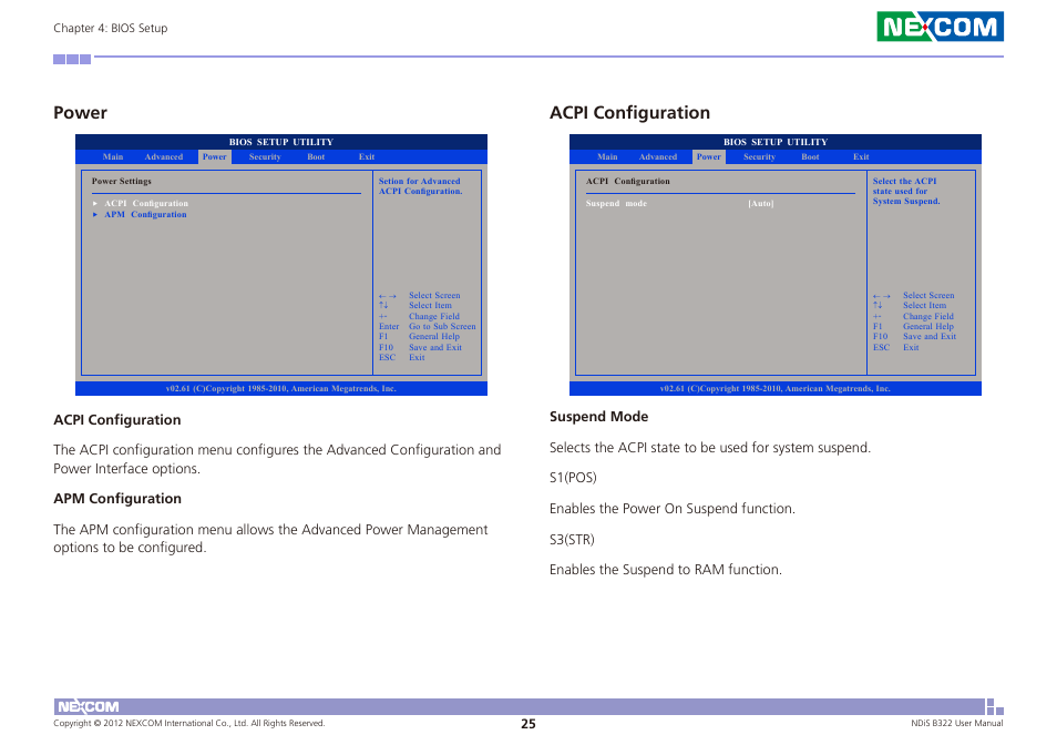 Power, Acpi configuration | NEXCOM NDiS B322 User Manual | Page 38 / 44