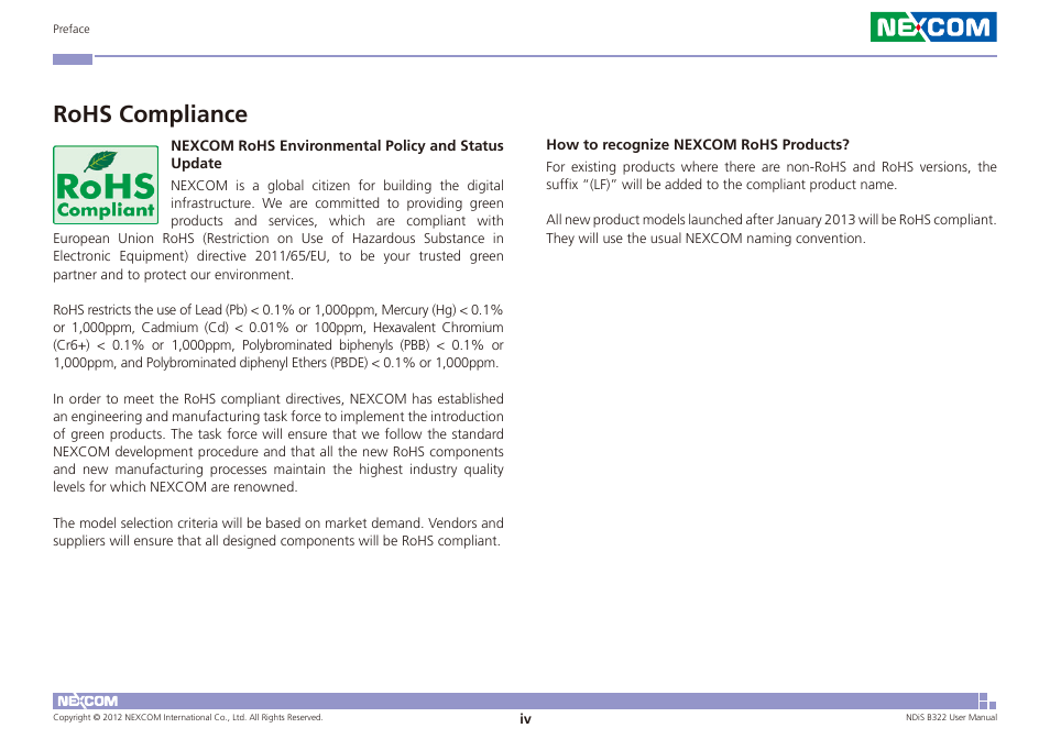 Rohs compliance | NEXCOM NDiS B322 User Manual | Page 4 / 44