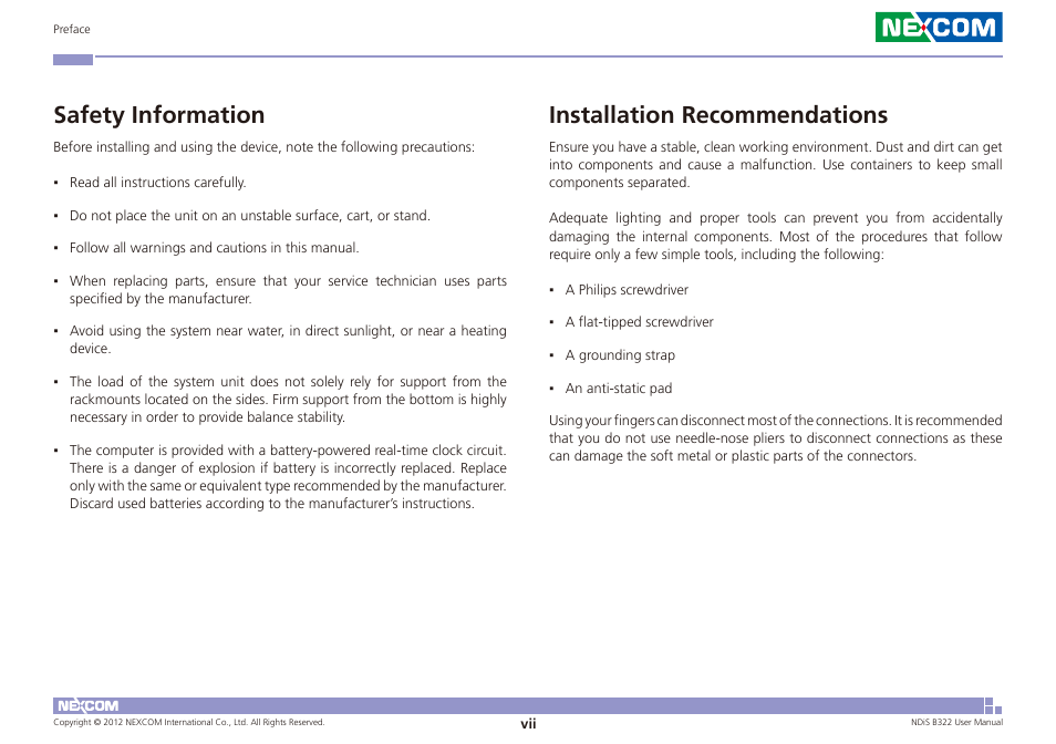 Installation recommendations, Safety information | NEXCOM NDiS B322 User Manual | Page 7 / 44