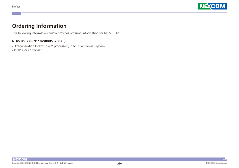 Ordering information | NEXCOM NDiS B532 User Manual | Page 14 / 71