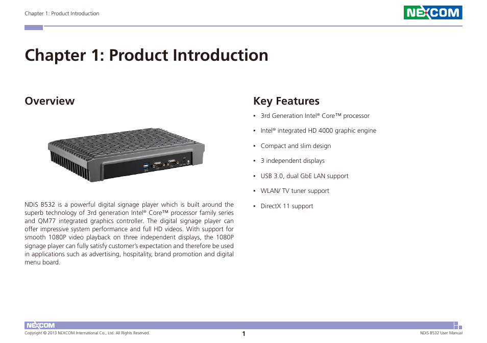 Chapter 1: product introduction, Overview key features, Key features | Overview | NEXCOM NDiS B532 User Manual | Page 15 / 71