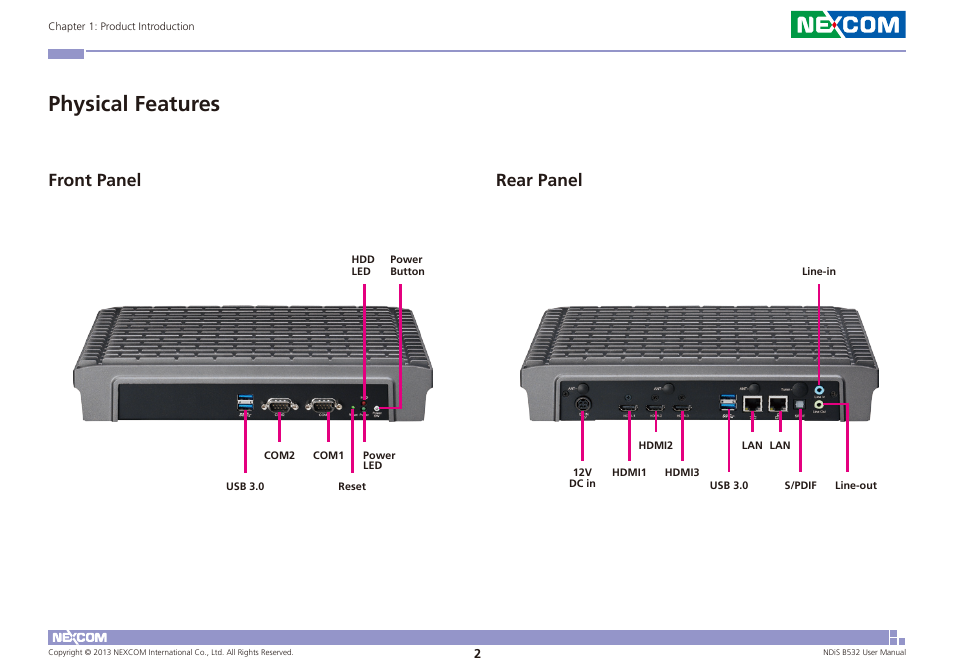 Physical features, Front panel rear panel | NEXCOM NDiS B532 User Manual | Page 16 / 71